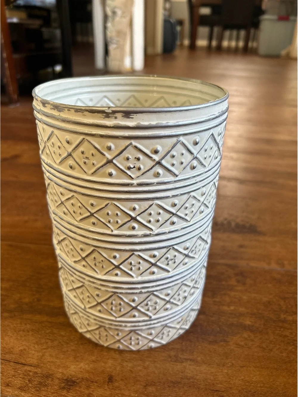 Decorative Embossed Metal Vase with Geometric Pattern